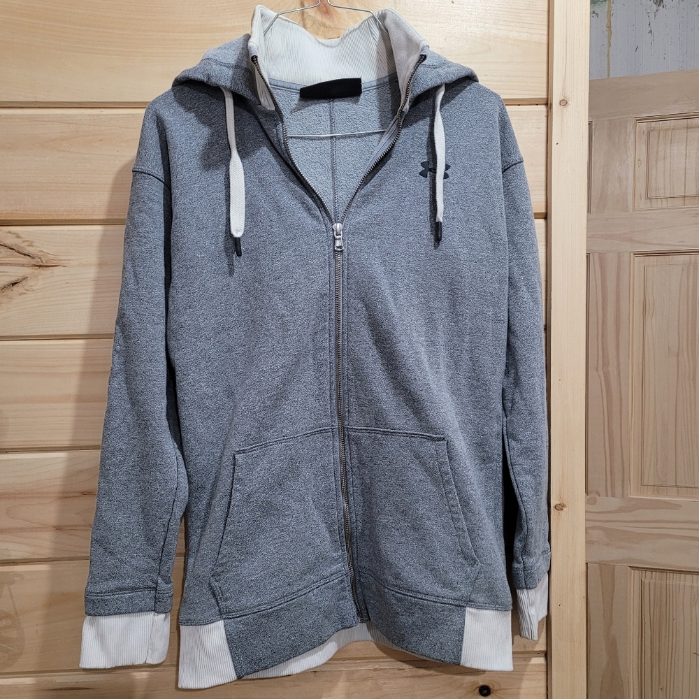 Under Armour UA Women's Zip Up Sweatshirt Gray White Hooded Collar Oversized Xs